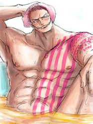 1boy abs blush charlotte_katakuri chest hand_on_head hand_on_knee head_tilt in_water leg_bent looking_at_viewer male male_nipples male_only mature_male muscular_male nipples nude older_male one_piece pecs sharp_teeth solo solo_male tagme taking_a_bath tattoos thick_neck washing