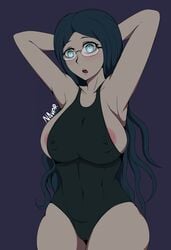 big_breasts blue_hair breasts colored danganronpa danganronpa_(series) danganronpa_v3 exposed_nipples glasses hands_behind_head long_hair looking_at_viewer naver nipple_bulge nipples_visible_through_clothing shirogane_tsumugi simple_background straight_hair thick_thighs tight_fit wide_hips