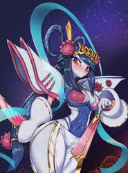 1girls android black_hair blush chousen_qubeley crown erect_nipples erect_nipples_under_clothes female flower gundam hair_flower hair_ornament humanoid hybrid looking_at_viewer looking_down mecha navel night night_sky nipples no_mouth pale-skinned_female pale_skin pochincoff red_eyes robot robot_girl sd_gundam sd_gundam_sangokuden sky tied_hair white_breasts