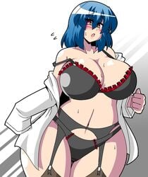 1girls akasode_(tyaramu) big_breasts black_lingerie black_panties black_underwear blue_hair blush breasts curvy female female_only garter_belt lingerie narrow_shoulders open_shirt panties red_eyes shirt solo tagme thick thick_thighs thighs underwear waist wide_hips