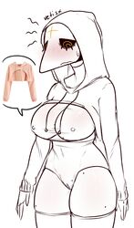 2019 absurd_res big_breasts blush bodily_fluids breasts cameltoe clothed clothing female genitals hi_res humanoid margaret_(vetisx) mask meme monochrome nipples nude plague_doctor rough_sketch simple_background solo vetisx wide_hips yellow_eyes