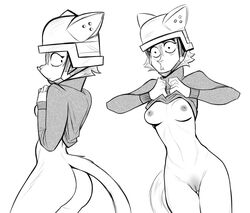 2020 absurd_res anthro armor breasts clothed clothing clothing_lift domestic_cat duo felid feline felis female genitals headgear helmet hi_res lenyavok mammal monochrome mostly_nude nipples pussy shirt shirt_lift topwear turtleneck_sweater veronica_lensky