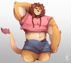 1boy 2021 anthro armpit_hair big_bulge blush body_hair bottomwear bulge clothed clothing crop_top erection erection_under_clothing felid flustered grey_background hair hand_behind_head hi_res hood leonine lion looking_away makowolf1 male male_only mammal mane muscular muscular_anthro muscular_male navel pantherine shirt shorts simple_background solo standing topwear