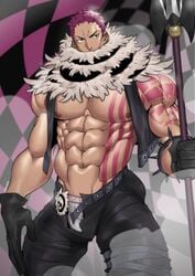 1boy abs charlotte_katakuri gloves male male_only muscular one_piece pink_hair scar spear suyohara tagme tattoo trident underwear white_underwear