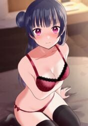 arm_support arm_under_breasts bangs bare_arms bare_shoulders bed black_hair black_legwear blurry blurry_background blush bow bow_panties bra breasts cleavage closed_mouth collarbone commentary_request commission eyebrows_visible_through_hair female floral_print hair_bun highres indoors kazehana_(spica) lace lace-trimmed_bra lace_trim long_hair looking_at_viewer love_live! love_live!_sunshine!! medium_breasts no_shoes on_bed panties picot_trim picot_trim_bra pink_eyes print_bra print_panties red_bra red_panties side_bun sitting solo sweatdrop thighhighs tsushima_yoshiko underwear underwear_only wariza