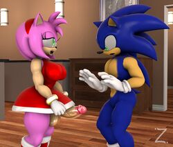 3d amy_rose anthro balls blue_body blue_eyes blue_hair dress duo eyelashes fingers footwear furry futa_on_male futanari gloves green_eyes handwear male mostly_nude penis pink_body pink_hair sega sonic_(series) sonic_the_hedgehog tan_body veiny_penis zeniix98