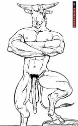 anthro balls big_balls black_and_white bovid bovine cattle crossed_arms furronika genitals hooves horn long_penis male mammal monochrome muscular muscular_anthro muscular_male nipples nude penis pubes solo