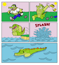 abs alligator alligatorid amber_eyes anthro black_clothing black_footwear black_shoes blue_bottomwear blue_clothing blue_jeans blue_pants bodily_fluids bottomwear boxers_(clothing) cannonball_(dive) closed_eyes clothing comic crocodile crocodilian crocodylid denim denim_clothing discarded_clothing english_text flat_colors footwear genitals gloves gold_chain grass green_body handwear headphones hi_res jeans male mobian_(species) muscular muscular_anthro muscular_male nude pants pecs penis plant raised_tail reptile running scalie sega sharp_teeth shirt socks solo sonic_(series) sonic_the_hedgehog_(series) splash sun sweat sweaty_clothing teeth text thosekidsnextdoor101 tongue tongue_out topwear underwear undressing vector_the_crocodile water white_clothing white_shirt white_topwear yellow_clothing yellow_footwear yellow_socks