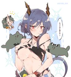 areolae arknights bare_midriff bare_shoulders black_topwear blue_hair bra bracelet breasts breasts_out cats ch'en_(arknights) collarbone cute demon_girl embarrassed exposed_breasts eyelashes female_tourist_c_(arknights) heart horns hoshiguma_(arknights) japanese_text kyou_039 looking_at_viewer medium_breasts nails navel nipples presenting_breasts red_eyes speech_bubble sweat tail text tied_hair topwear translated watch wet