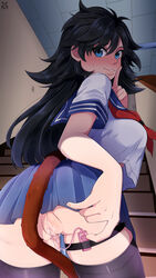 1girls ass black_hair black_legwear blue_eyes breasts clothed_masturbation clothing crop_top crop_top_overhang dragon_ball female highres index_finger_raised long_hair looking_at_viewer looking_back masturbation miniskirt na-kun no_panties original original_character pussy pussy_juice saiyan saiyan_tail school_uniform skirt solo stairs stairwell stealth_masturbation stockings sweat tail thigh_strap thighhighs vibrator vibrator_in_thigh_strap zou_(dragon_ball_xenoverse)