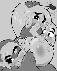 4boys anal anal_sex ass big_ass big_penis blush blushing bottomless canon_crossdressing cheerleader_link femboy foursome gay girly hand_on_ass heart-shaped_pupils licking_penis link looking_at_viewer looking_back male male_only monochrome nintendo penis pov pov_eye_contact reverse_cowgirl_position size_difference takumi-exe the_legend_of_zelda toon_link tri_force_heroes video_games