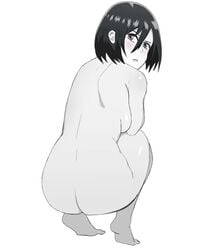 1girls ass attack_on_titan black_and_white black_hair female lipstick mikasa_ackerman naked no_color nude short_hair sideboob simple_background solo squatting utrobot white_background