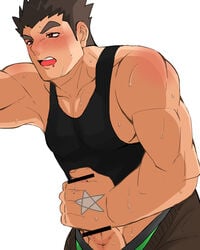 1boy 1male balls balls_under_clothes bar_censor bara bare_shoulders big_penis black_tank_top blush boner censored clothes_pull cowboy_shot erect_penis erection hard_on heart heart-shaped_pupils highres human human_only jacking_off jerking jerkingoff k_ei3k large_pectorals leaning_forward looking_pleasured male_cleavage male_focus male_masturbation male_only male_pubic_hair masturbating masturbation mouth_drool muscular muscular_male one_handed_masturbation open_mouth pants pants_pull penile_masturbation penis penis_out protagonist_(tokyo_afterschool_summoners) protagonist_3_(tokyo_afterschool_summoners) pubic_hair short_hair sideburns sidepec solo solo_male standing_male standing_masturbation stiffy stroking stroking_cock stroking_penis sweat symbol-shaped_pupils tank_top testicles tokyo_afterschool_summoners tokyo_houkago_summoners toned toned_male