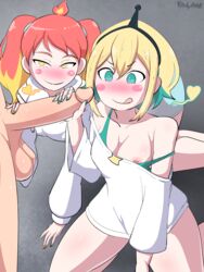 amano_pikamee bodyattk breasts handjob hikasa_tomoshika nipple_slip penis_awe red_hair sharp_teeth teal_eyes uncensored virtual_youtuber voms_project yellow_eyes yellow_hair