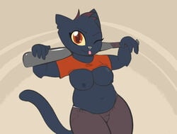 2021 5_fingers anthro baseball_bat bat_(object) big_breasts blue_body blue_fur blue_hair blue_nipples bottomwear breasts chubby_anthro chubby_female clothed clothing domestic_cat felid feline felis female fingers front_view fur grey_bottomwear grey_clothing grey_pants hair hi_res holding_bat holding_object mae_borowski mammal mr-degration mrdegradation night_in_the_woods nipples one_eye_closed orange_clothing orange_eyes orange_shirt orange_topwear pants raised_arms raised_clothing raised_shirt raised_topwear red_hair shirt slightly_chubby smile solo standing t-shirt thick_thighs tongue tongue_out topwear underwear video_games white_clothing white_underwear