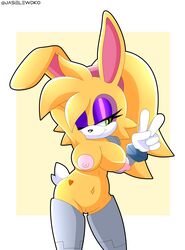 anthro archie_comics blonde_hair breasts bunnie_rabbot eyelashes eyeshadow female gloves jasielewdko jasienorko long_ears makeup navel nipples nude ponytail rabbit sega sonic_(series) sonic_the_hedgehog_(archie) sonic_the_hedgehog_(comics) standing v_sign