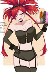 dildo dominatrix edit flannery_(pokemon) garter_straps gloves long_gloves pokemon pokemon_rse red_hair serving_tray suzusiigasuki tray