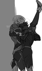 1boy 1girls aqua_(kingdom_hearts) armor armored_boots blush blushing closed_eyes clothed_sex disney implied_sex kingdom_hearts leg_grab legs_up monochrome mouth_open nekokat42 older_female sex short_male size_difference square_enix taller_girl unversed vanitas younger_male