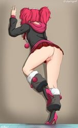 1girls 999 against_wall ass bottomless clover_(zero_escape) colored facing_away heels naver nine_hours_nine_persons_nine_doors no_panties red_hair round_ass simple_background skirt_lift solo solo_female twintails vagina zero_escape