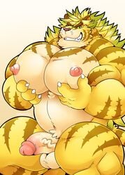 anthro balls big_muscles big_pecs felid furry genitals hair hi_res macan_(tokyo_afterschool_summoners) magan male male_only mammal muscular muscular_anthro muscular_male nipples nude pantherine pec_grasp pecs penis schwarzfox solo tiger tokyo_afterschool_summoners yellow_body