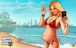 armpit_hair beach big_breasts bikini bimbo blonde blonde_hair grand_theft_auto grand_theft_auto_v gtav_cover_girl le_bonk pregnant pubic_hair red_bikini seaside selfie water