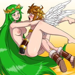 1boy 1girls adult aeolus06 age_difference angel_wings ass balls breasts brown_hair closed_eyes female flying_sex green_eyes green_hair kid_icarus long_green_hair long_hair male naked nintendo nude older_female open_mouth palutena penis penis_in_pussy pit pit_(kid_icarus) pussy_juice sex short_hair size_difference smaller_male testicles white_skin wings younger_male