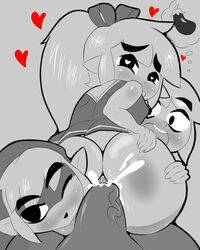 4boys anal anal_sex ass big_ass big_penis blush blushing bottomless canon_crossdressing cheerleader_link cum cum_inside femboy foursome gay girly hand_on_ass heart-shaped_pupils licking_penis link looking_at_viewer looking_back male male_only monochrome nintendo penis pov pov_eye_contact reverse_cowgirl_position selfcest size_difference takumi-exe the_legend_of_zelda toon_link tri_force_heroes video_games