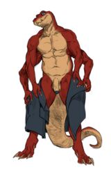 anthro balls clothing crius flaccid genitals hi_res intricatevision male multi_arm multi_limb multi_pec muscular muscular_anthro muscular_male nude penis reptile scalie snake solo undressing