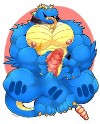 anthro blue_body fangs forked_tongue furry genitals hand_on_penis hi_res male male_only muscular muscular_anthro muscular_male nipples original original_character pecs penis pit_viper rattlesnake reptile scalie schwarzfox simple_background snake solo striker tongue tongue_out