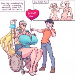 1boy 1girls amazon balloon before_and_after big_breasts black_hair blonde_hair breast_expansion breasts cleavage color embarrassed female glasses gown growth hospital_gown hourglass_figure huge_breasts iv long_hair male n647 nipple_bulge original original_character size_difference taller_girl text thick_thighs thin_waist very_long_hair voluptuous wasp_waist wheelchair wide_hips