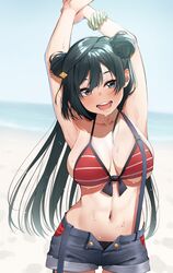 1girls beach blush braided_bun breasts double_bun female female_only hair_bun hair_buns hair_ornament igarashi_kyouhei large_breasts long_hair love_live! love_live!_nijigasaki_high_school_idol_club navel short_shorts solo suspenders sweat sweatdrop swimsuit yuuki_setsuna_(love_live!)