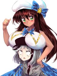 2girls big_breasts blue_eyes breast_envy breasts breasts_on_head brown_hair brown_skin cap gray_hair green_eyes huge_breasts nyaru office_lady ribbons smile surprised virtual_youtuber white_skin yoro_yoyo