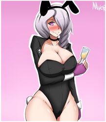 big_breasts blush breasts bunny_ears bunnysuit cleavage danganronpa danganronpa_3 female kimura_seiko naver purple_eyes purple_hair straight_hair thick_thighs