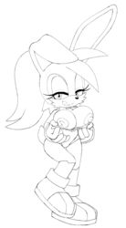 anthro archie_comics black_and_white breasts bunnie_rabbot cyborg dipstick_ears eyebrows eyelashes female fingers floppy_ears hair licking licking_lips long_ears makeup monochrome nipples pink_inner_ear ponytail rabbit ravrous sonic_(series) sonic_the_hedgehog_(archie) sonic_the_hedgehog_(comics) tongue vellvetfoxie