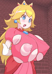 1girls arms_behind_back big_breasts blonde_hair blue_eyes breast_expansion breasts clothing dress elbow_gloves female female_focus female_only gigantic_breasts gloves huge_breasts indoors kukanugi large_breasts long_hair mario_(series) nintendo nipple_bulge nipples open_mouth pink_dress princess_peach solo solo_female solo_focus standing torn_clothes very_long_hair