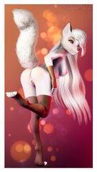 1girls 9:16 anthro border conditional_dnp female fur genitals grey_body grey_fur helluva_boss hi_res looking_back loona_(helluva_boss) pussy red_sclera smile solo taurika vivienne_medrano white_body white_border white_fur