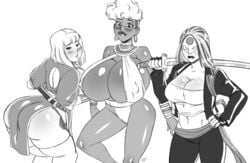 3girls aeolus06 ass atsuko_blake_(devinsaurus) big_ass big_breasts blush breasts cleavage cosplay crossover dc dead_or_alive earrings elena_(street_fighter) female female_focus female_only kasumi_(doa) kasumi_(doa)_(cosplay) katana monochrome ms._soft_(grimlockxxx) no_panties original_characters smile street_fighter sword tatsu_yamashiro thick_thighs wide_hips