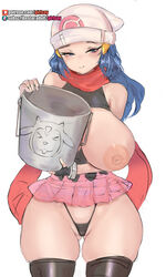 1girls alternate_breast_size areolae big_areola big_breasts big_nipples blue_hair breasts bucket cameltoe dawn_(pokemon) female female_only girlsay hat huge_breasts large_breasts miniskirt nipples pink_skirt pokemon scarf short_skirt skirt solo solo_female tagme thong tight_clothing wide_hips