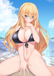 1girls beach bikini black_bikini blonde_hair blue_eyes blush bottomless breasts cleavage covering covering_crotch dura female front-tie_bikini large_breasts long_hair looking_at_viewer navel neptunia_(series) ocean outdoors sand smile solo swimsuit vert very_long_hair wariza water