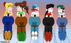 5girls ami_mizuno bishoujo_senshi_sailor_moon bondage bow bulma_briefs clothing crossover dragon_ball dragon_ball_super dragon_ball_z female female_only gag gagged hands_behind_back huge_ass makoto_kino minako_aino multiple_girls pants rei_hino robukun rope_bondage tied tied_up