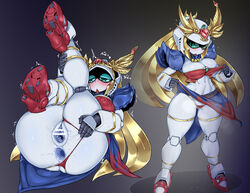 1girls 2boys abs anal anal_juice android anus ass bar_censor blonde_hair blue_nipples blush breasts cameltoe censored erect_nipples_under_clothes female forehead_jewel full_body gaping gaping_anus gaping_pussy green_eyes green_sclera gundam half-closed_eyes heart helmet humanoid hybrid invisible_penis japanese_text legs_up looking_at_viewer looking_down mecha navel nipples no_mouth pale-skinned_female pale_skin panties panties_aside pelvic_curtain pelvic_curtain_lift penetration penis pochincoff pointless_censoring presenting presenting_breasts presenting_panties purple_anus purple_pussy pussy pussy_juice red_panties robot robot_girl sd_gundam sd_gundam_sangokuden sex shukuyuu_gundam steam steaming_body text threesome trembling underwear vaginal_penetration white_breasts