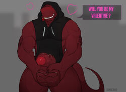 anthro ball_grab balls biceps big_balls big_penis clothed clothing dinosaur foreskin genitals holidays huge_balls huge_cock male muscular muscular_anthro muscular_male partially_clothed partially_retracted_foreskin pecs penis red_body red_skin reptile scalie solo theropod tyrannosaurid tyrannosaurus tyrannosaurus_rex uncut valentine's_day zoma zomacaius