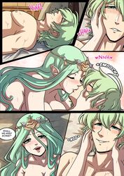 after_cowgirl_position after_orgasm after_sex after_vaginal blush blushing byleth_(fire_emblem) byleth_(fire_emblem)_(male) comic couple dragon_girl fire_emblem fire_emblem:_three_houses flower_in_hair green_hair hair_ornament happy heart-shaped_pupils interspecies kinkymation kissing large_breasts male messy_hair nabatean_(fire_emblem) older_female open_mouth pointy_ears rhea_(fire_emblem) short_hair smile sweat sweating sweaty tagme