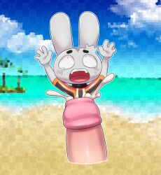 beach blush blush_lines clothing cock_vore genitals hi_res lagomorph latex leporid male mammal ninjin_(ninjin_clash_of_carrots) ninjin_clash_of_carrots ofuro penile penis rabbit screaming seaside solo swimwear vore