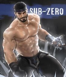 1boy abs bara beard biceps big_muscles big_pecs black_fingerless_gloves black_gloves black_hair black_headband black_pants body_hair bottomwear character_name clothing daddy dilf dopq erect_nipples facial_hair fingerless_gloves gay gloves headband human human_only ice ice_shards kuai_liang looking_at_viewer male male_chest male_focus male_nipples male_only man_boobs manboobs mature mature_male moobs mortal_kombat muscle muscles muscular muscular_male netherrealm_studios nipples pants pecs pectorals pubic_hair scar scar_across_eye shiny_skin shirtless simple_background six_pack solo solo_focus solo_male sub-zero thick_eyebrows thick_thighs topless veiny_muscles