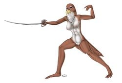 2013 animalympics anthro avian beak bird bourbon._(artist) breasts brown_body contessa_(animalympics) falcon falconid female fencing fencing_foil genitals looking_at_viewer melee_weapon neck_tuft nipples non-mammal_breasts nude pussy simple_background solo standing tuft weapon white_background white_body