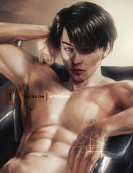 1boy attack_on_titan bare_chest bare_shoulders brown_eye dead_eye erect_nipples facial_scar levi levi_ackerman male male_focus male_only out_of_frame_censoring patreon patreon_username pensive realistic scar scar_across_eye scar_across_face scar_across_mouth sensual shingeki_no_kyojin shirtless shirtless_(male) solo solo_male xtevestrange