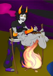 2boys ass beach black_hair closed_eyes gamzee_makara grey_skin homestuck horns male ms_paint_adventures pointy_ears purple_background purple_eyes sharp_teeth short_hair tavros_nitram tongue tongue_out troll