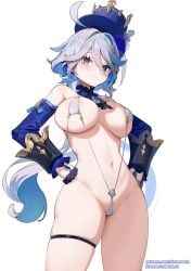 1girls alternate_breast_size bikini blue_eyes blue_eyes_female blue_hat blue_highlights blue_sleeves breasts cameltoe crown_hat detached_collar detached_sleeves female flat_belly flat_stomach furina_(genshin_impact) genshin_impact gloves grey_hair grey_hair_female hands_on_hips hat human human_female large_breasts light-skinned_female long_hair long_hair_female looking_at_viewer medium_hips micro_bikini navel neck_ribbon neckwear simao_(x_x36131422) simple_background skindentation sleeves slim_waist smug smug_face smug_grin solo solo_female string_bikini tagme thick_thighs thigh_band thighs white_bikini white_hair white_micro_bikini