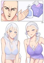 1boy 2girls bald bald_guy_(band-width) band-width big_breasts blue_eyes bra_through_clothes bra_visible_through_clothes braid cleavage gloves half-closed_eyes humanized lingerie lotion lotion_bottle original personification purple_eyes smug thick_thighs tissue tissue_box white_hair